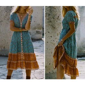 Casual, teal & orange, floral, midi sundress - size XS